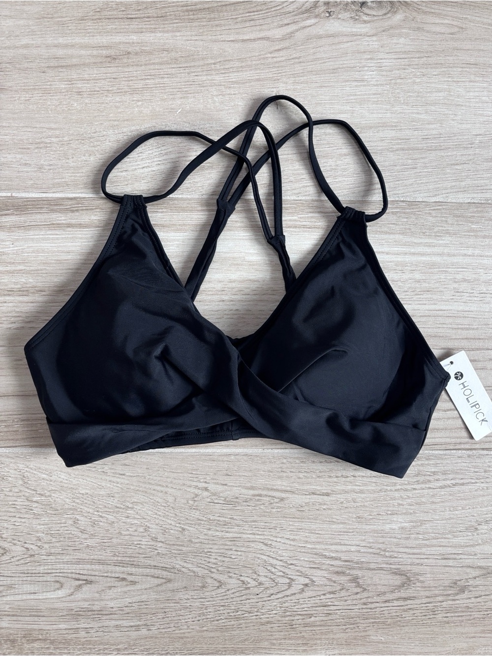 NWT Holipick Twist Front Swimsuit Bikini Top Black Strappy Women’s Size Large